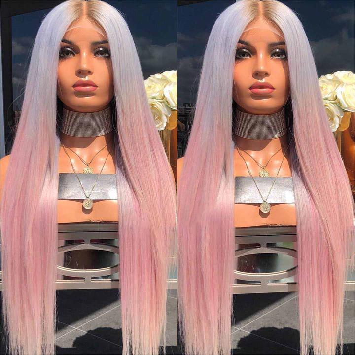 Cosplay Wigs Highlight Blonde Ombre Synthetic Glueless Wig With Bangs For Women Long Straight Blue Red Pink Colored Fringe Heat Resistant 26Inch