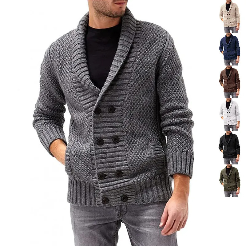 Men's Sweaters 2023 Sweater Cardigan Mens Solid Color Lapel Doublebreasted Longsleeved Knitted Coat Men 231018