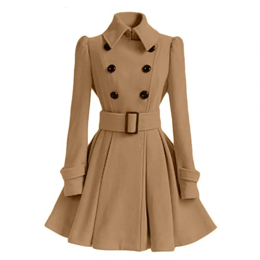 Women's Wool Blends Women Winter Coat Thick Midi Length Solid Color Double-breasted Lapel Keep Warm A-line Loose Hem Tight Waist Lady Dress Jacke