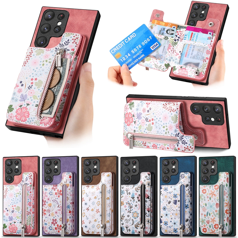 Flower Zipper Card Pocket Pack PU Leather Wallet Cases For Samsung S25 Ultra A16 A06 S24 FE M15 A55 S24 S23 Plus A05S A05 Cash Slot Magnet Car Bracket