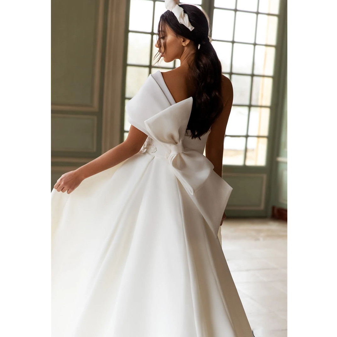 Elegant Appliques One Shoulder Wedding Dresses Split A-e Gow With Bow Swoop Train Bride Dress Robe De Mariee 328