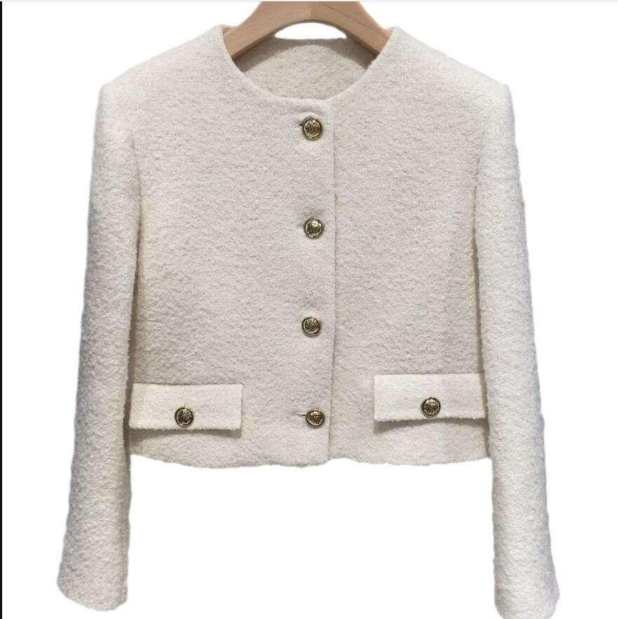 23-Sa ndr-o Women's Front Shoulder Tweed Metal Buckle Round Neck Black Coat