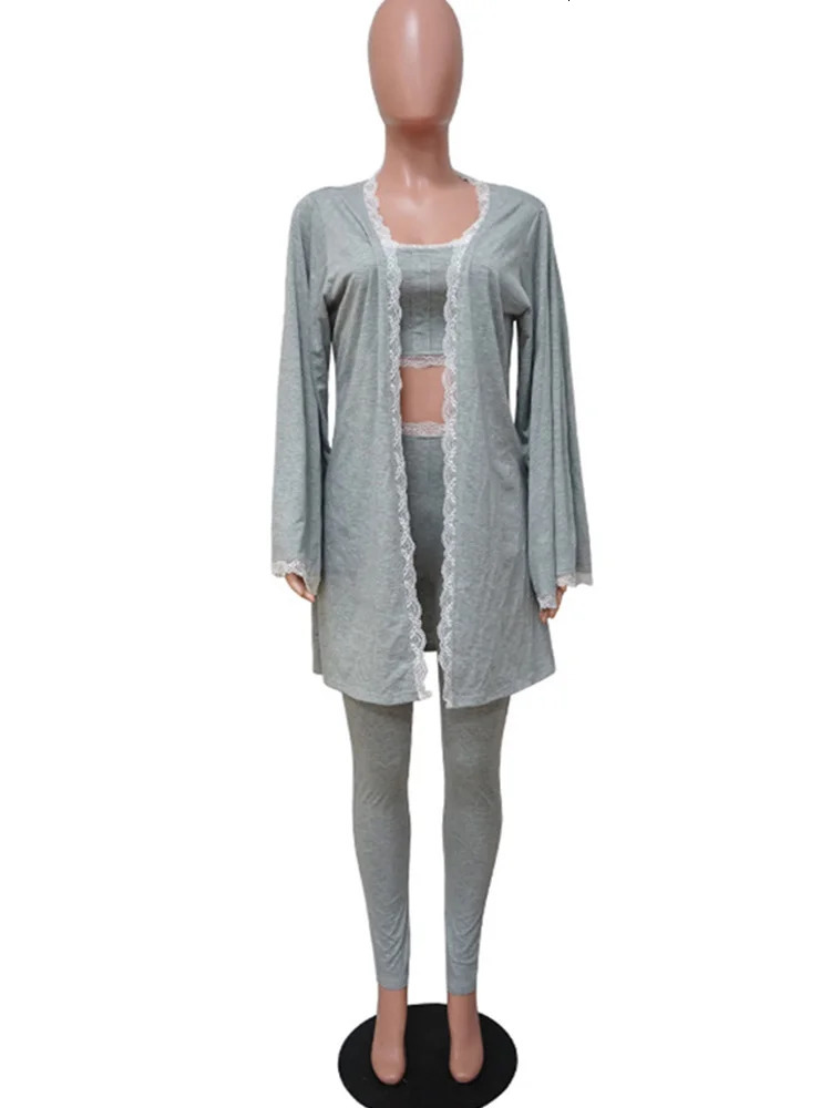 Women s Tracksuits Solid Lace Crochet Bra Crop Tops Skinny Pants Open Front Long Coats Set Loungewear Casual Women 3 Piece 231018