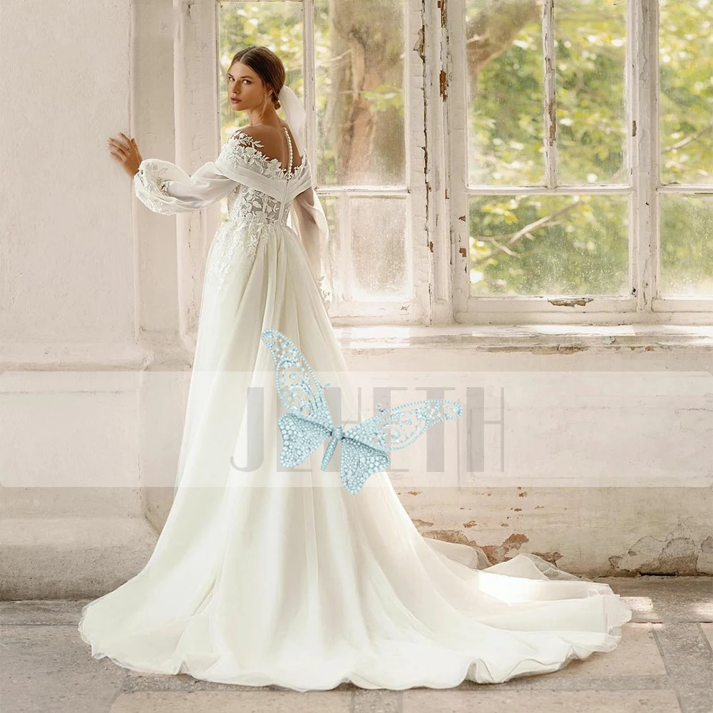 Off The Shoulder Boho Wedding Dress Women Gorgeous Puff Sleeves Lace Appliques Pleats A-E Bridal Gown Sweep Train 6660312