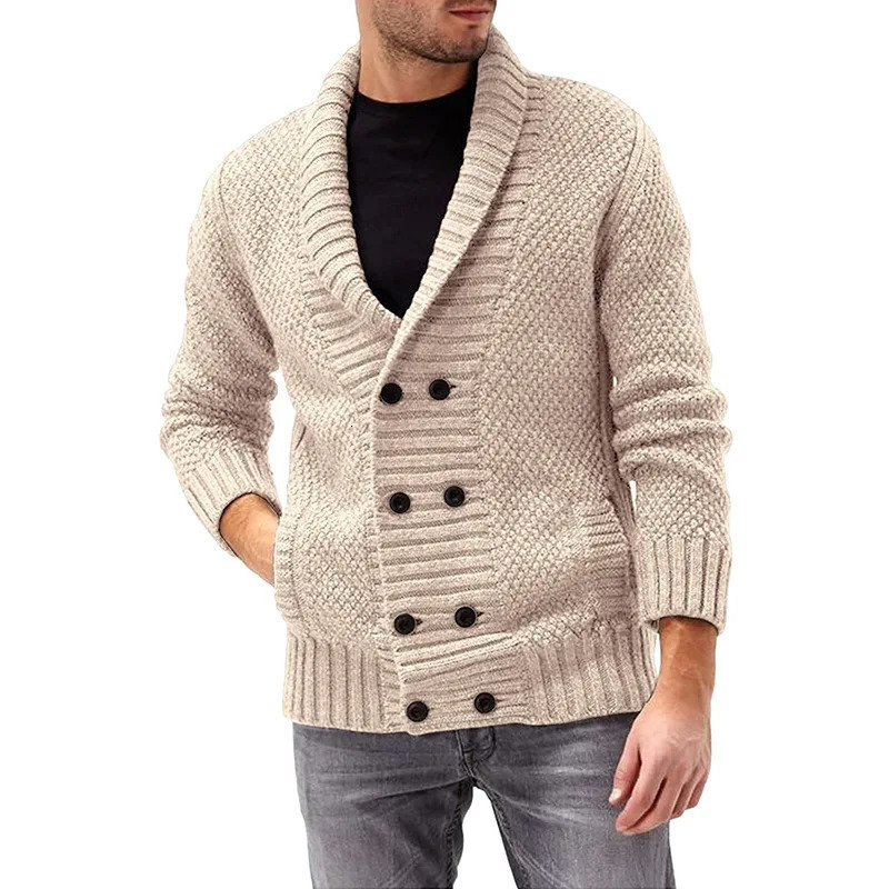 Men's Sweaters 2023 Sweater Cardigan Mens Solid Color Lapel Doublebreasted Longsleeved Knitted Coat Men 231018