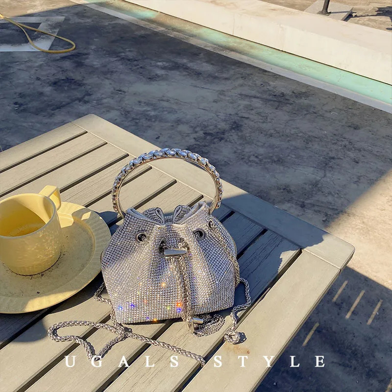 Evening Bags Dias Tassel Clutch Bag Women Chain Metal Ring Handle Shiny Crystal Bucket Purse Bridal Wedding Party 231017 4