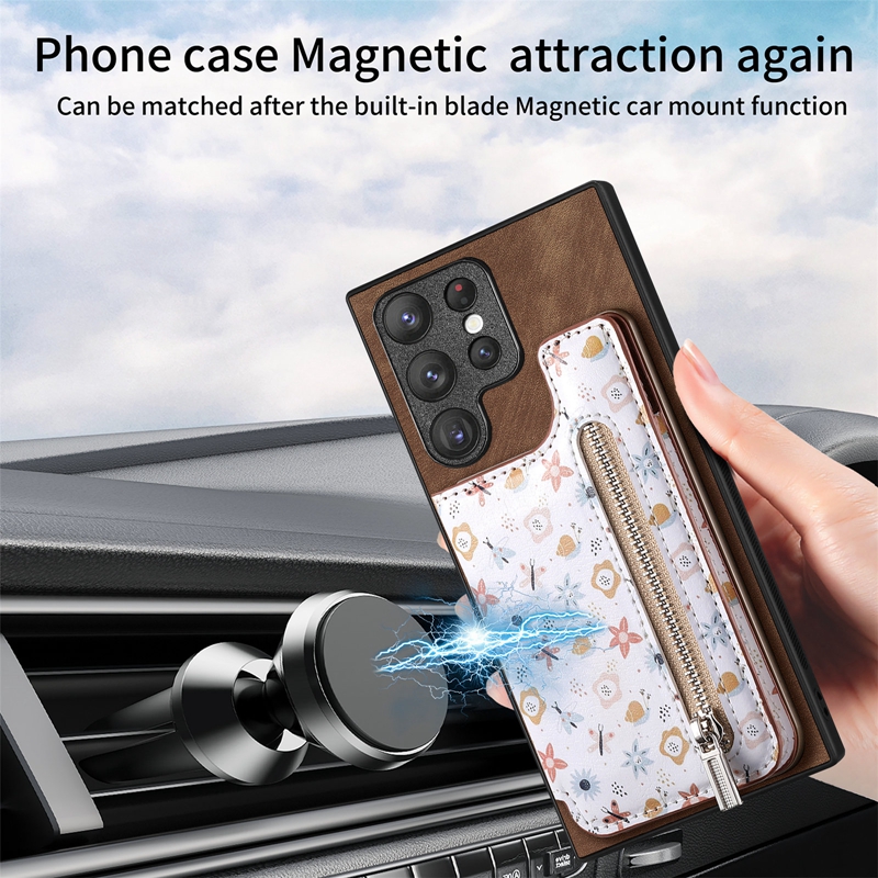 Flower Zipper Card Pocket Pack PU Leather Wallet Cases For Samsung S25 Ultra A16 A06 S24 FE M15 A55 S24 S23 Plus A05S A05 Cash Slot Magnet Car Bracket