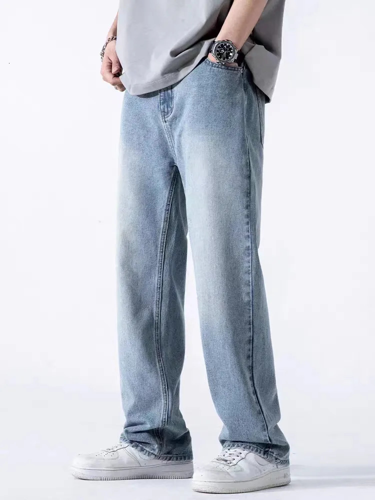 Mens Jeans Spring Autumn Straight Denim Pants Banding Waist Cotton Streetwear Wide Leg Loose Casual Blue Long Trousers 231018