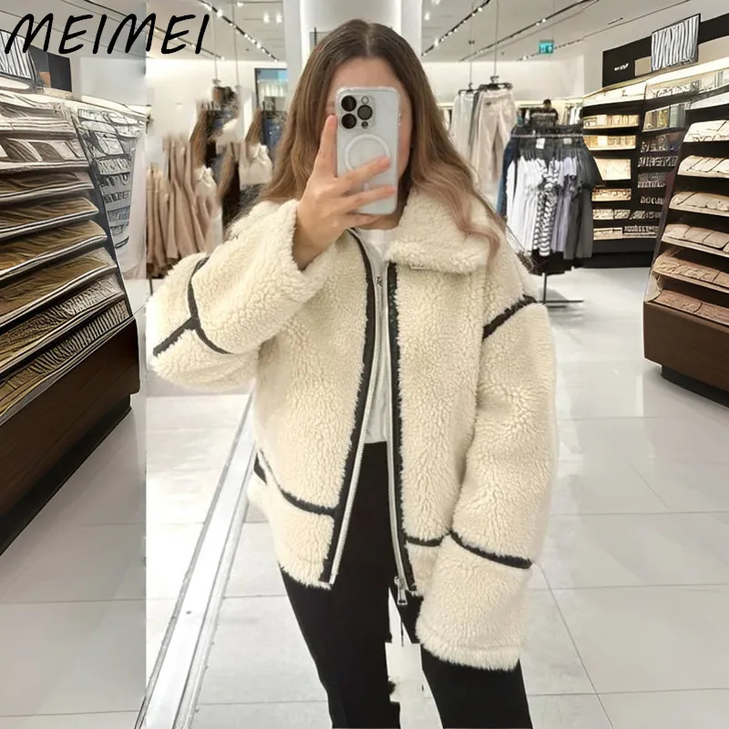 Women's Jackets Winter Thick Zipper Imitation Lamb Wool Jackets for Women Casual Turn Down Collar Long Sleeve Warm Coat Female Streetwear Coats 231018