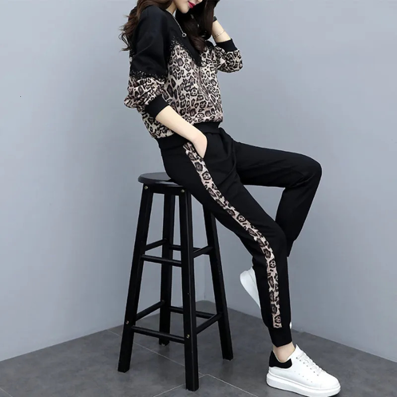 Womens Tracksuits Leopard Print Casual Pantsuit Set Women Black Oversize Large Size Long Sleeve Fashion Sportswear Pants 5XL 231018