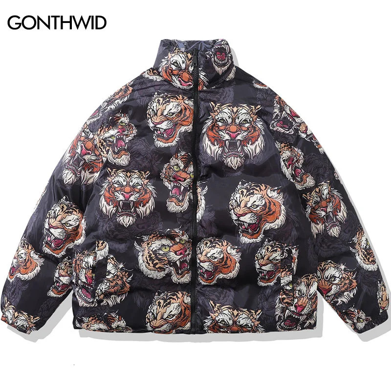 Men's Down Parkas Men Winter Thick Warm Jacket Parka Streetwear 2023 Tiger Print Reversible Coats Hip Hop Fashon Casual Oversized Outdoor 231017