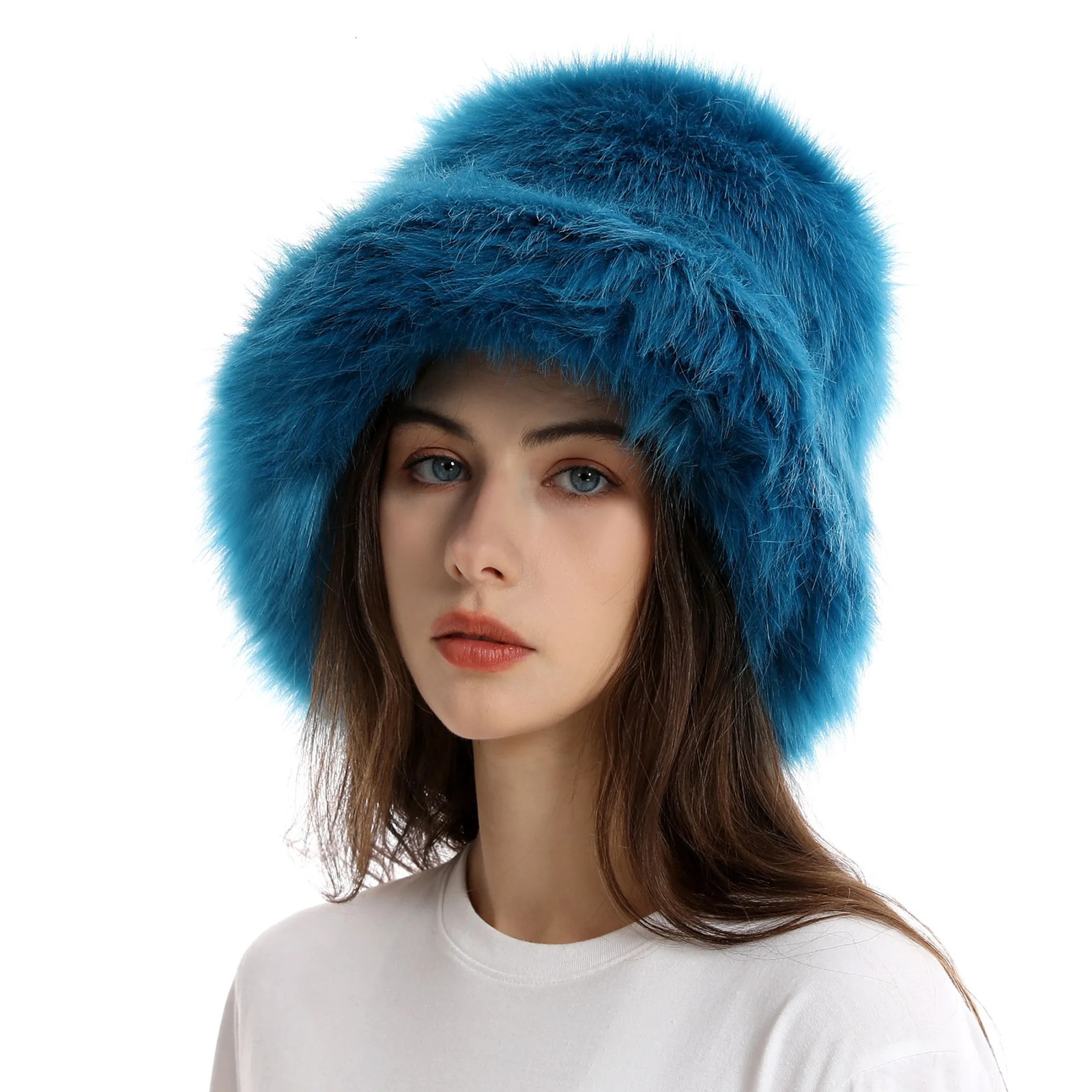 BeanieSkull Caps Autumn Winter Women Keep Warm Rainbow Faux Fur Basin Cap Female Fashion Casual Party Bucket hat Music Festival Thickened Hat 231017