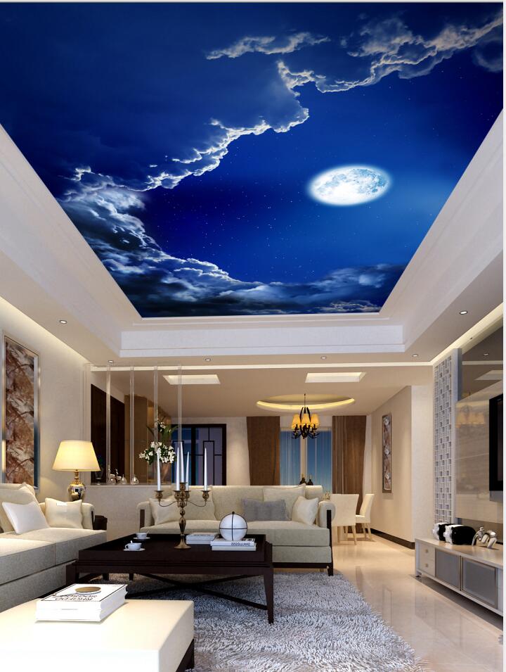 Painting style romantic night sky moon ceiling mural 3D Living Room Bedroom Ceiling Wallpaper Papel De Parede