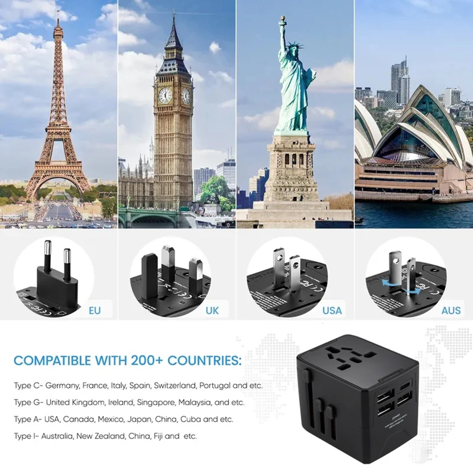 65W Universal Travel Adapter 3.5A All-in-one Travel Charger With 3 USB Ports and 1 Type C Wall Chargers for US EU UK AU Plug