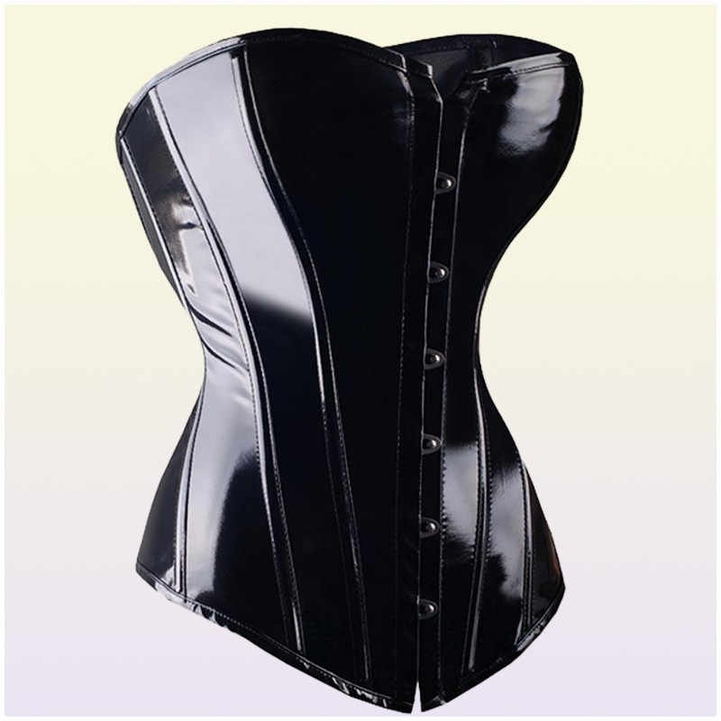 Sexy Black PVC Overbust Corset Steampunk Basque Lingerie Top Goth Rock Corset Sexy Leather Waist Trainer Corset for women Y11192