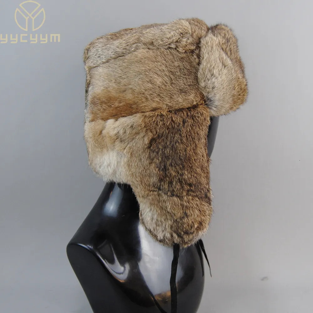 BeanieSkull Caps Men's Caps Warm Natural Rabbit Fur Bomber Hat With Earflaps Winter Unisex Warm Russian Ushanka Hat Real Rabbit Fur Hats 231017