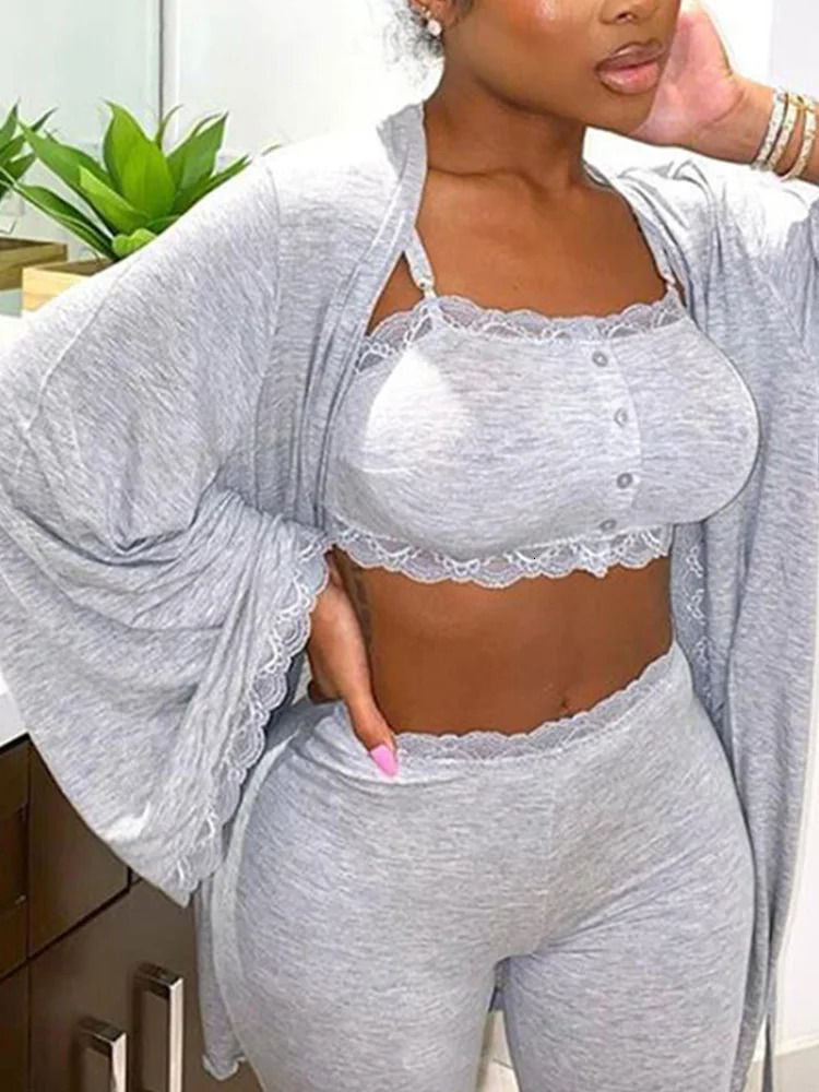 Women s Tracksuits Solid Lace Crochet Bra Crop Tops Skinny Pants Open Front Long Coats Set Loungewear Casual Women 3 Piece 231018
