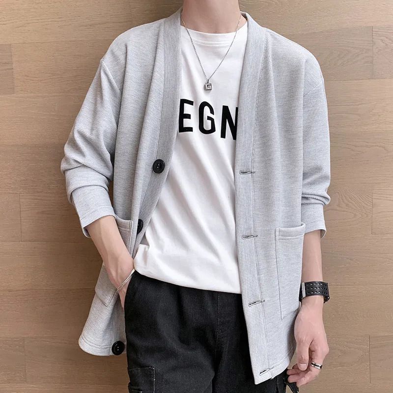 Men's Sweaters Mens Streetwear Knitted Sweater Loose Vneck Singlebreasted Solid Color Cardigan Men Casual Coat 2023 Autumn Pullovers 231018