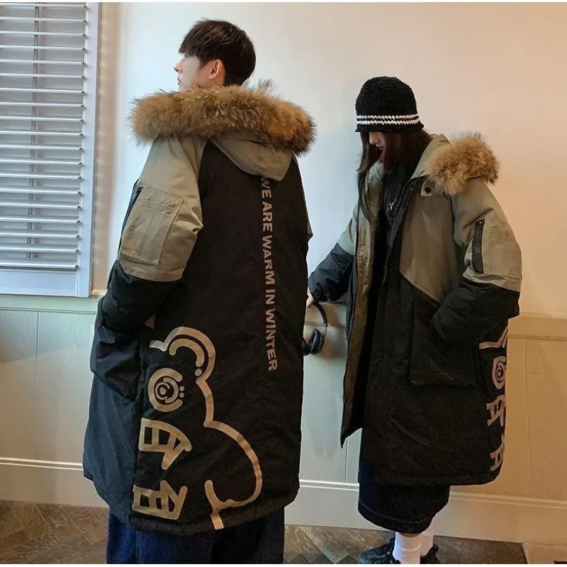 Men's Down Parkas Hooded Jacket Couple Midlength Overtheknee Loose Animal Fur Collar Jackets Zipper Pockets Thick Tops Coat 231026
