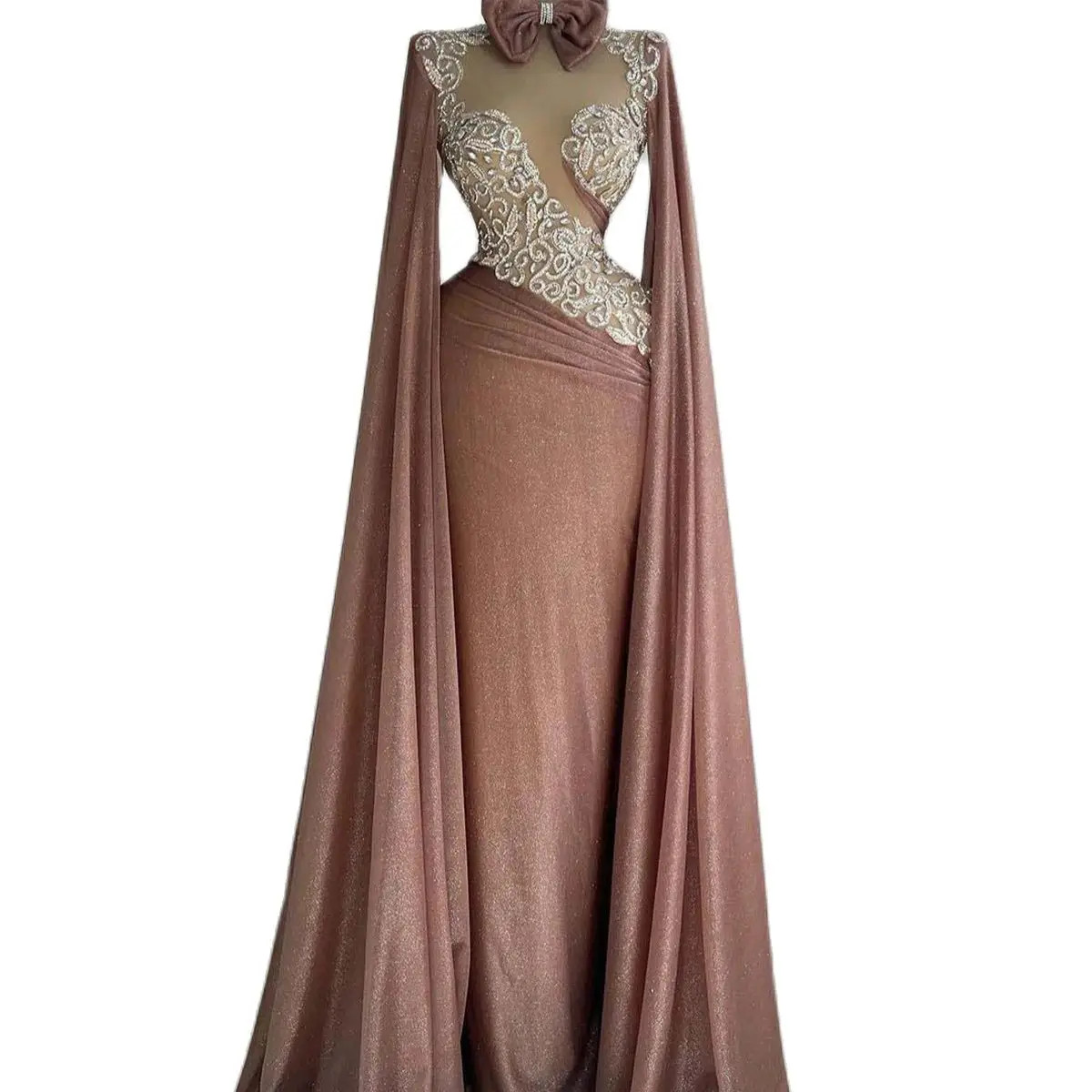 High Neck Evening Dresses Sexy Full Sleeve Floor Length Sequined Lace Prom Party Gowns Robe