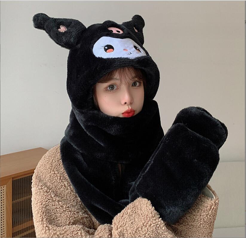 Winter New Cartoon Cinanoroll Girl Plush Warm Hat Cap With Stereo Ear Winter Kids Accessories 3 in 1