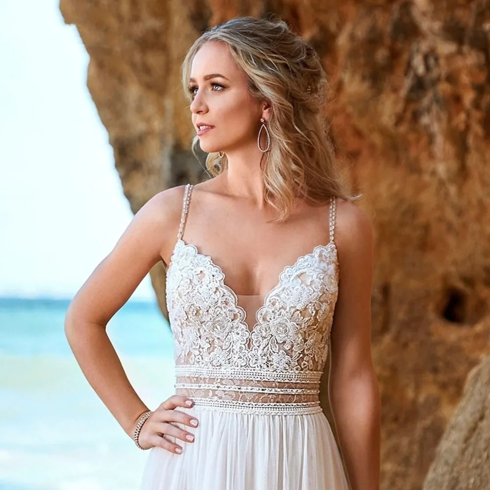 Sexy Backless Chiffon Bohemian Wedding Dress Lace Applique Sleeveless Beach V-Neck Bridal Gown Robe De Mariee