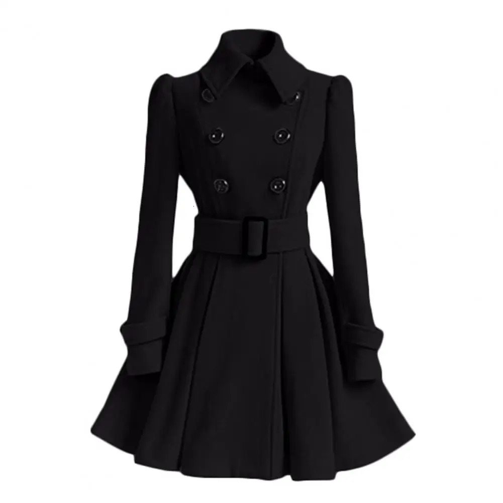 Women's Wool Blends Women Winter Coat Thick Midi Length Solid Color Double-breasted Lapel Keep Warm A-line Loose Hem Tight Waist Lady Dress Jacke
