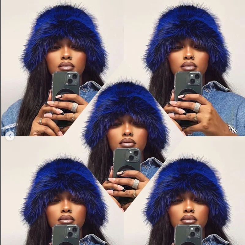 BeanieSkull Caps Autumn Winter Women Keep Warm Rainbow Faux Fur Basin Cap Female Fashion Casual Party Bucket hat Music Festival Thickened Hat 231017