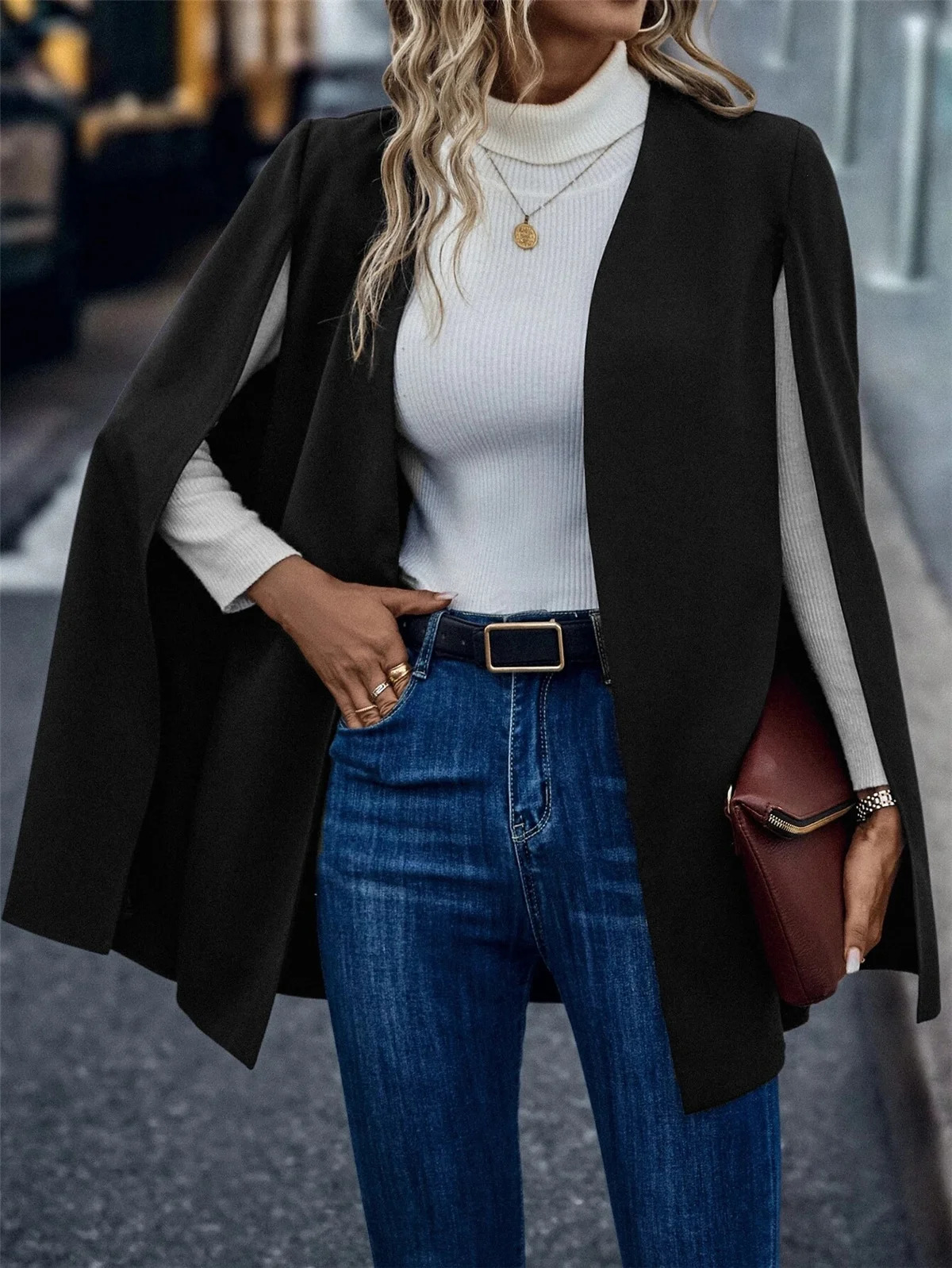Womens Jackets Elegant Women Solid Cape Blazer with Split Sleeves Stylish Female Outerwear Ponchos Fall and Winter 231017