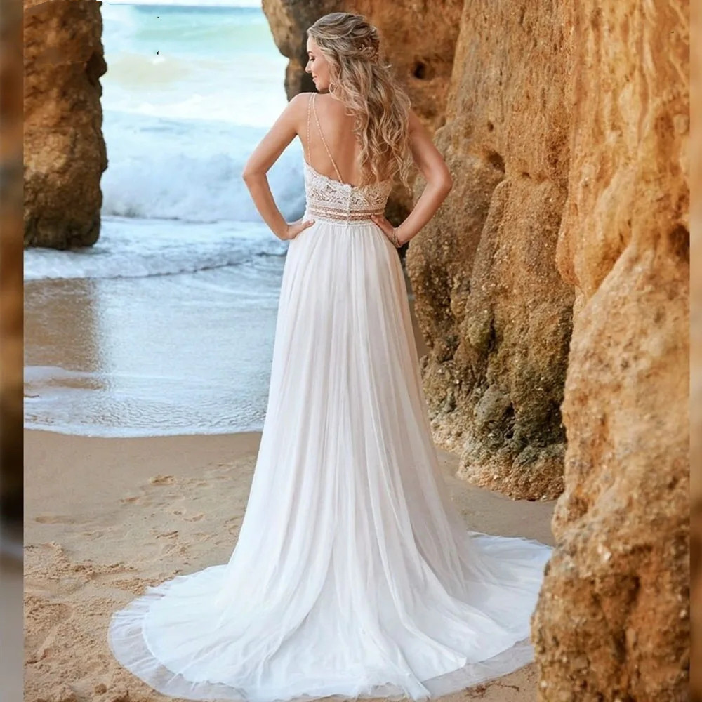 Sexy Backless Chiffon Bohemian Wedding Dress Lace Applique Sleeveless Beach V-Neck Bridal Gown Robe De Mariee