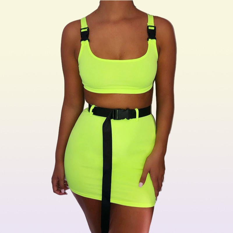 Two Piece Dress Neon Women 2 Sets Square Collar Low Cut Buckle Backless Crop Tops Waist Belt Chic Skirt Autumn Street Pcs Outfits2185286