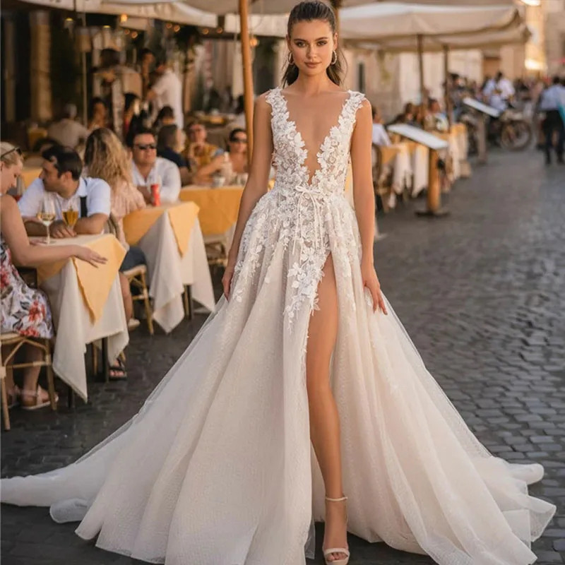 Lace Boho Wedding Dresses For Dress Elegant A-Line Sleeveless 3D Appliqued Bride Gown Side Split Sexy Backless Dress