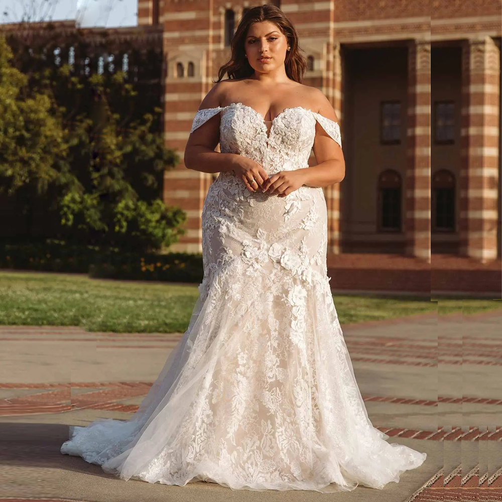 Plus Size Wedding Dresses Mermaid Off The Shoulder Tulle Appliques Bridal Dress 3D Floral Appliques Womens Vestidos De Novia
