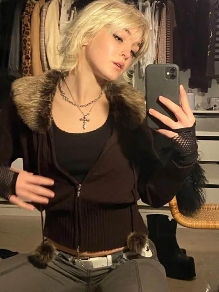 Women's Jackets Y2K Grunge Fur Knitted Jackets Double Zipper Vintage Cropped Coat Women Harajuku Aesthetic Cute Chic Jumpers Korean Outfits 23101