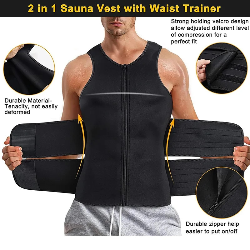 Waist Tummy Shaper Neoprene Men's Shapers Sweat Vest for Men Waist Trainer Vest Adjustable Workout Body Shaper with Double Zipper for Sauna Suit 