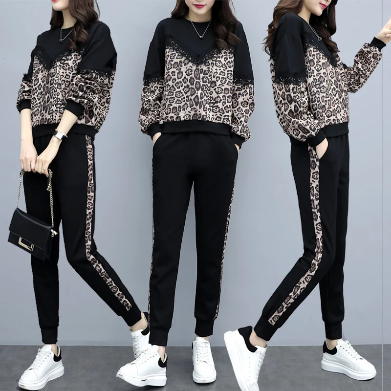 Womens Tracksuits Leopard Print Casual Pantsuit Set Women Black Oversize Large Size Long Sleeve Fashion Sportswear Pants 5XL 231018