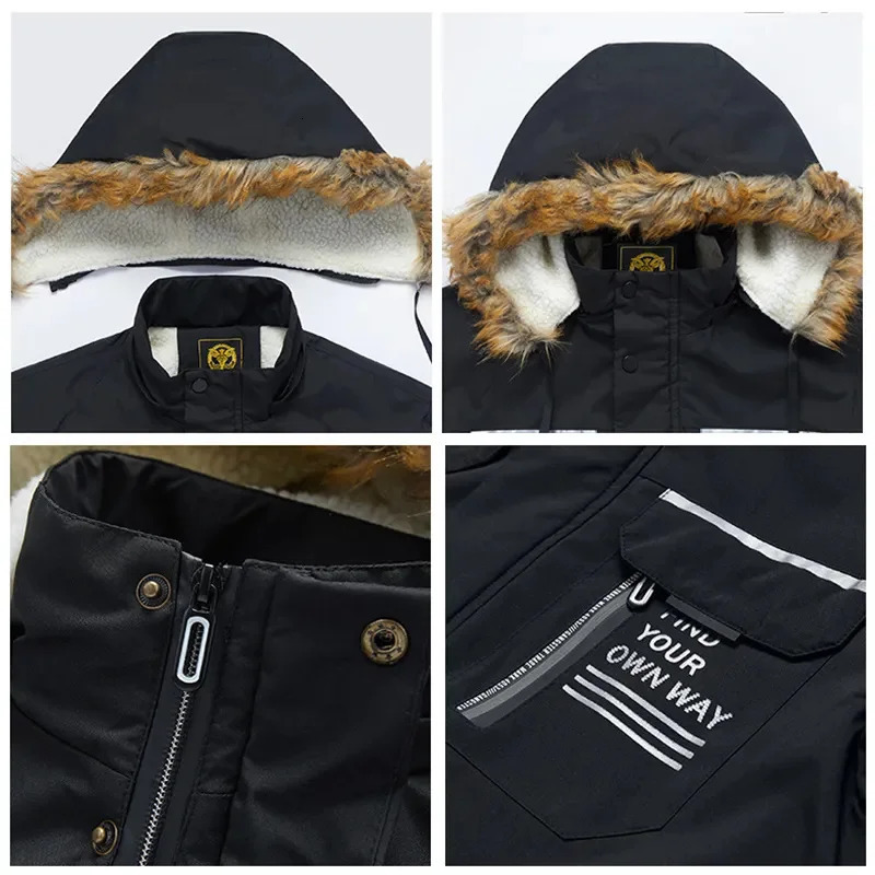Men's Down Parkas Winter Jacket Cargo Coat Windbreaker Waterproof Overcoat Warm Fur Collar Fleece Liner Outdoor Hiking Thick Clothes 231017
