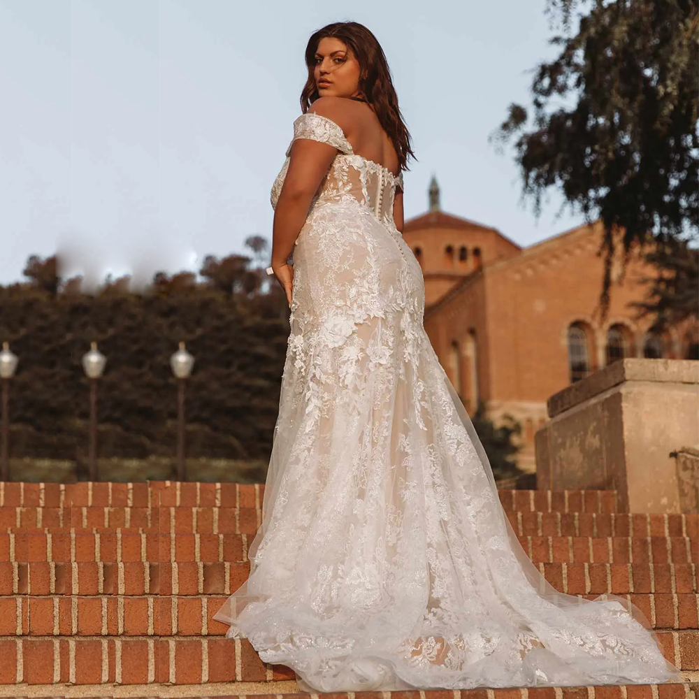 Plus Size Wedding Dresses Mermaid Off The Shoulder Tulle Appliques Bridal Dress 3D Floral Appliques Womens Vestidos De Novia