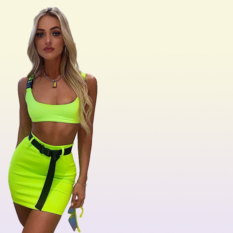 Two Piece Dress Neon Women 2 Sets Square Collar Low Cut Buckle Backless Crop Tops Waist Belt Chic Skirt Autumn Street Pcs Outfits2185286