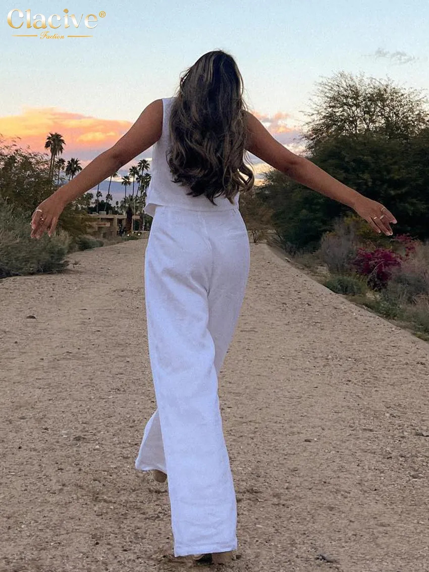 Women's Tracksuits Clacive Summer White Linen Two Piece Set For Women Fashion Sleeveless Tank Top In Matching High Waist Wide Pants Set 231018