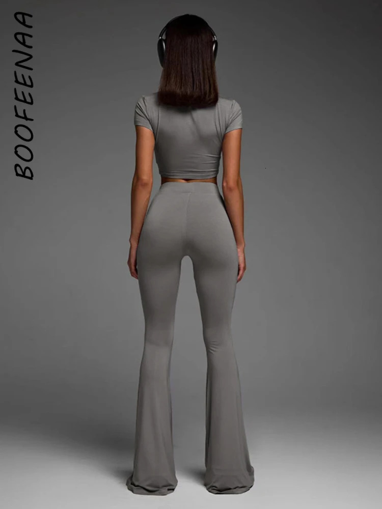 Women s Tracksuits BOOFEENAA Basic Casual 2 Piece Set s Outfits Top and Leggings Grey Flare Pants Matching Fitness Y2k Clothing C56 BI30 231018