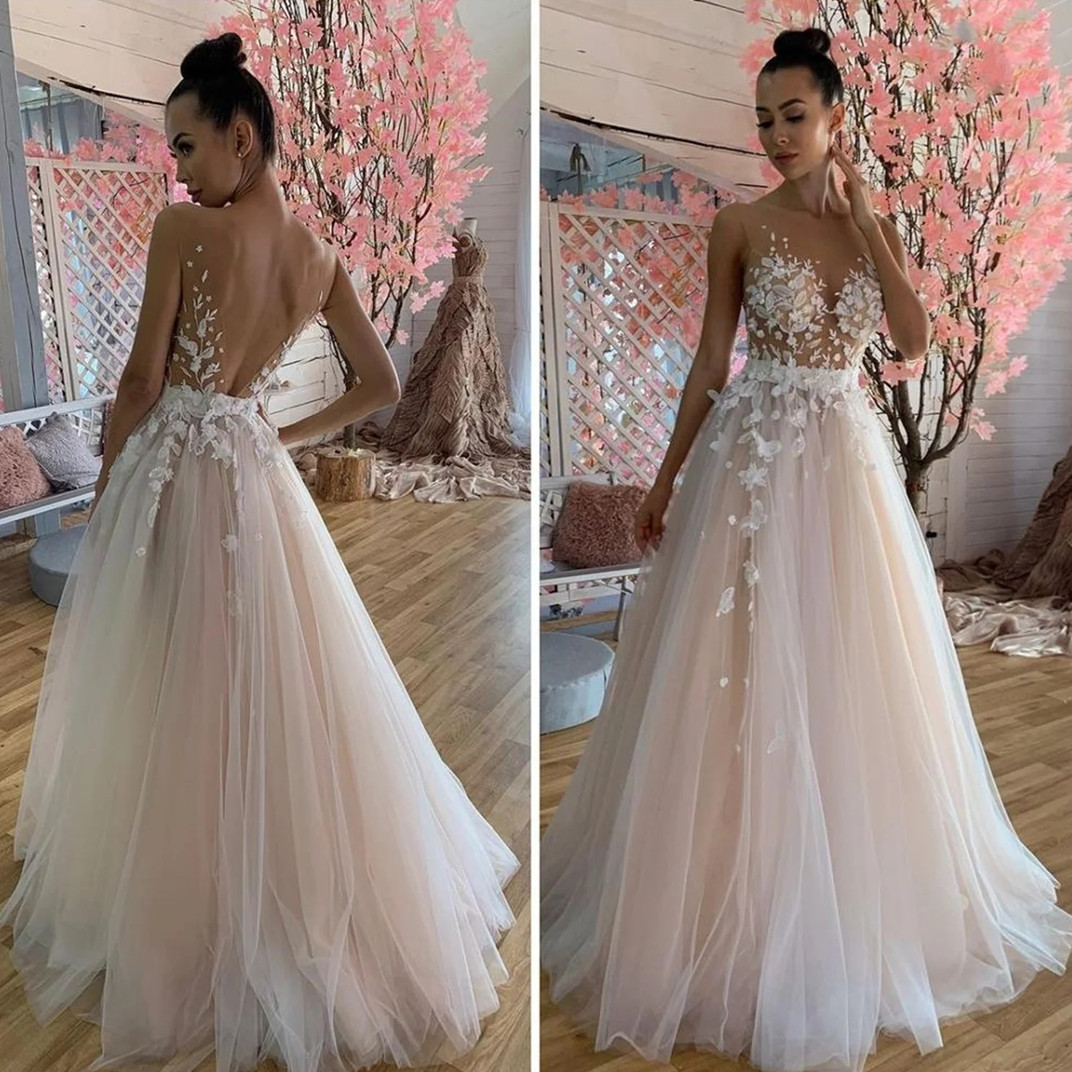 Sleeveless Lace Wedding Dress Beach Women Illusion Back Appliques V-Neck A-Line Bridal Gown Tulle Vestidos