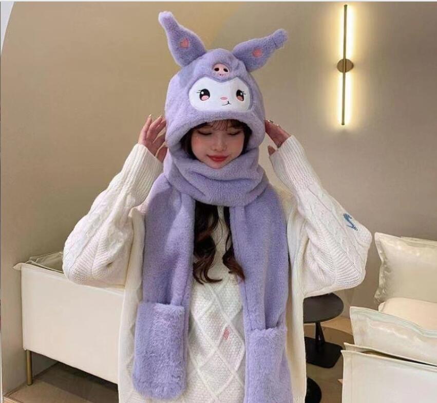 Winter New Cartoon Cinanoroll Girl Plush Warm Hat Cap With Stereo Ear Winter Kids Accessories 3 in 1