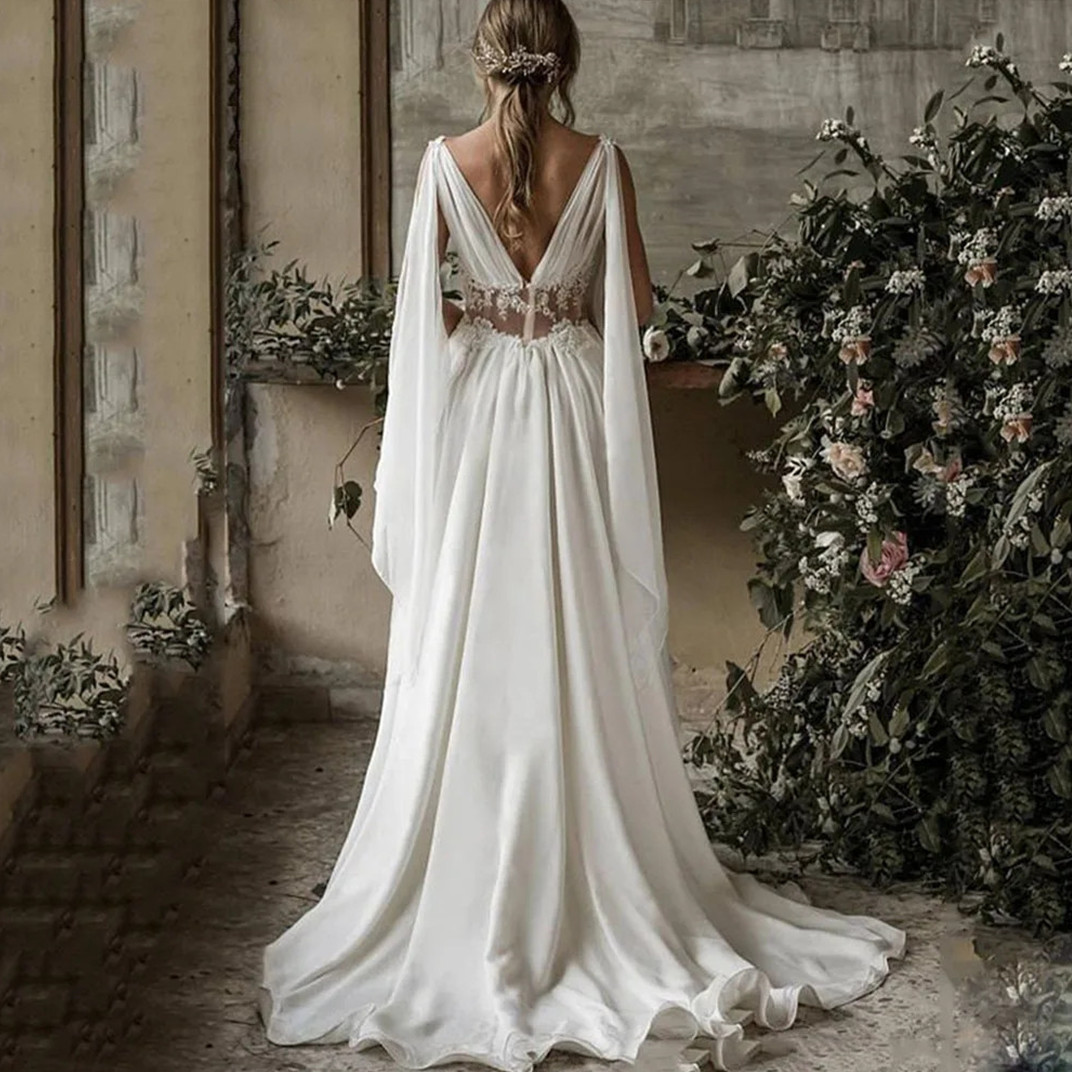 Sleeveless Wedding Dress Beach Illusion Back Lace Appliques V-Neck A-E Bridal Gown Chiffon Vestidos De Novia 6660312