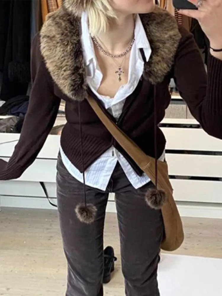 Women's Jackets Y2K Grunge Fur Knitted Jackets Double Zipper Vintage Cropped Coat Women Harajuku Aesthetic Cute Chic Jumpers Korean Outfits 23101