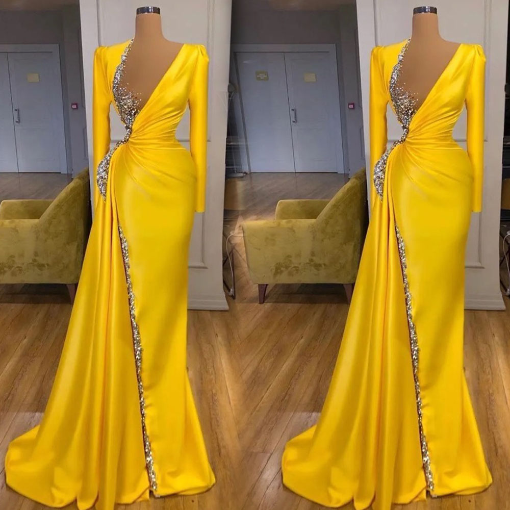 Prom Party Gown Yellow Evening Dresses New Zipper Plus Size Custom Lace Up or-Length Satin Mermaid O-Neck Long Sleeve Sequins Beaded Pleat
