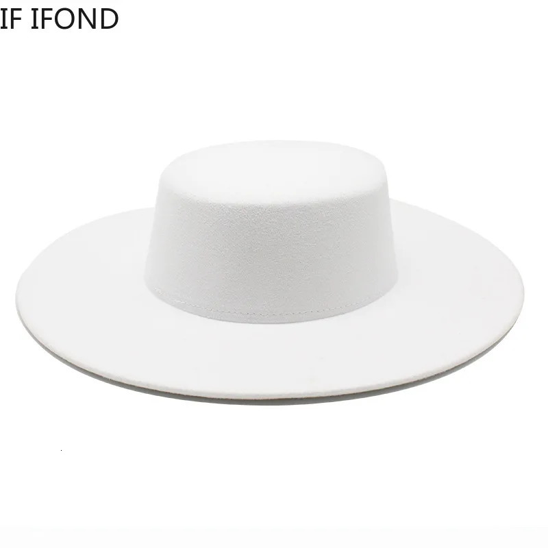 Wide Brim Hats Bucket Hats French Women's Hat Big Wide Brim 10CM Fedora Hat Winter Wool Derby Wedding Jazz Hats Flat Top Felt Hat 231018
