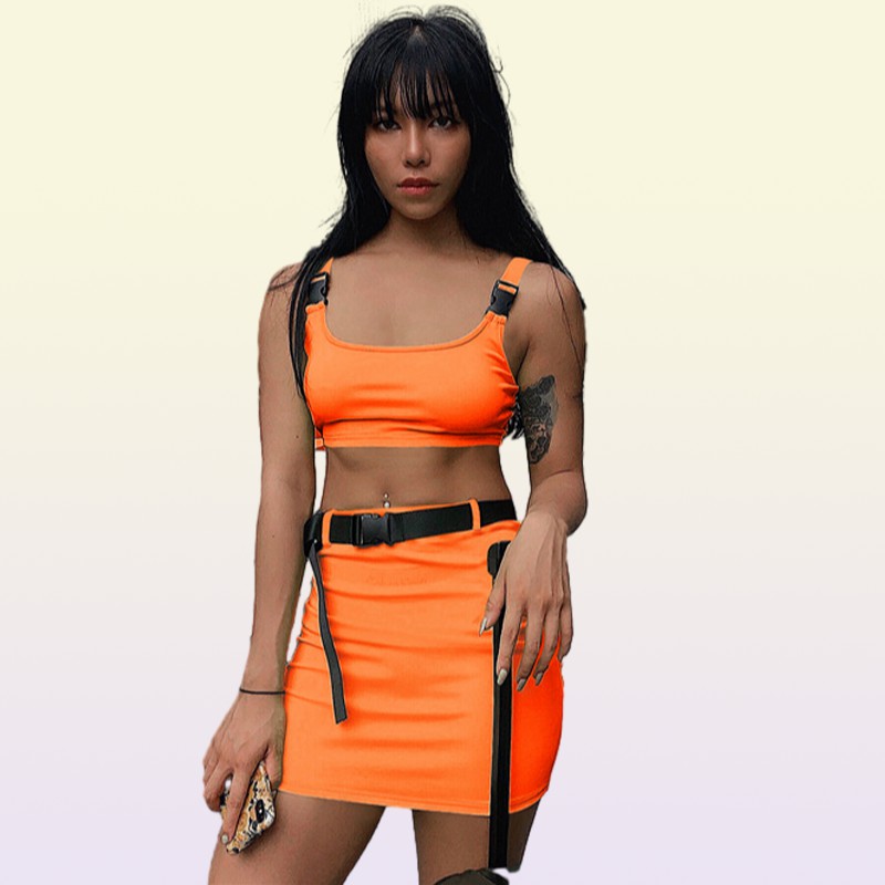 Two Piece Dress Neon Women 2 Sets Square Collar Low Cut Buckle Backless Crop Tops Waist Belt Chic Skirt Autumn Street Pcs Outfits2185286