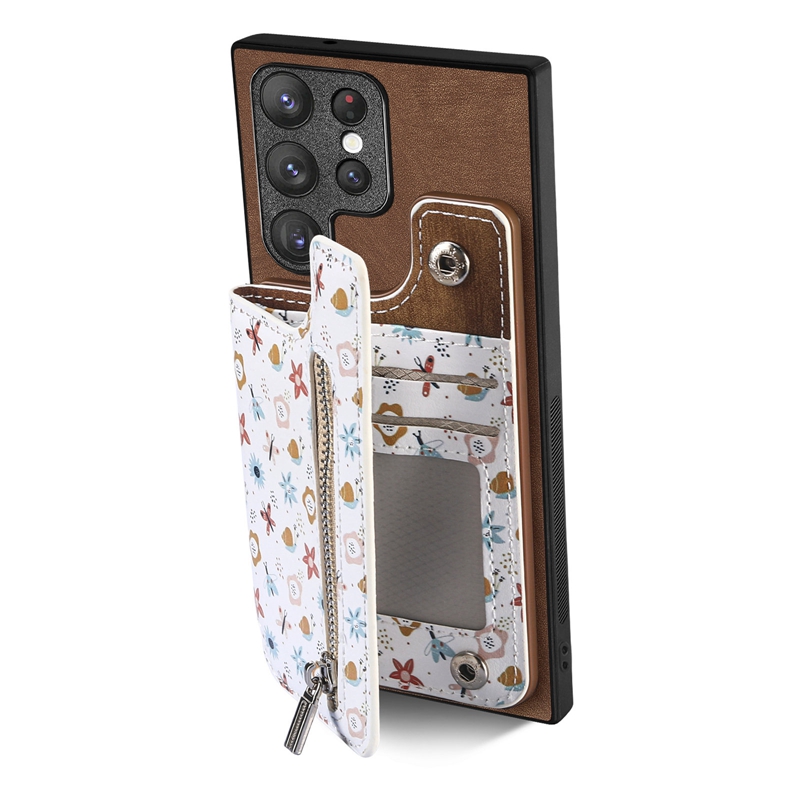 Flower Zipper Card Pocket Pack PU Leather Wallet Cases For Samsung S25 Ultra A16 A06 S24 FE M15 A55 S24 S23 Plus A05S A05 Cash Slot Magnet Car Bracket