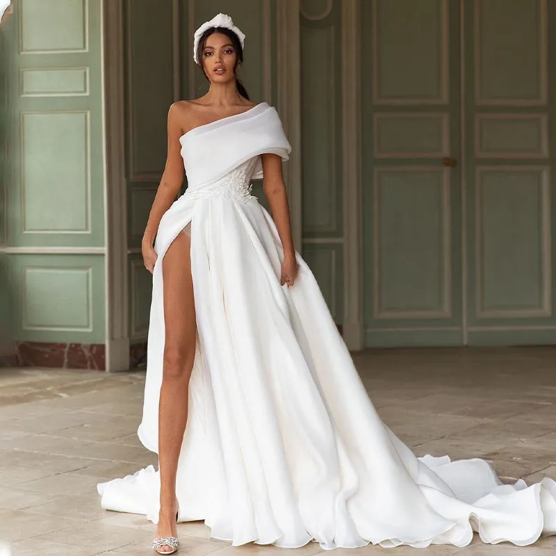 Elegant Appliques One Shoulder Wedding Dresses Split A-e Gow With Bow Swoop Train Bride Dress Robe De Mariee 328